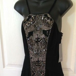 Theia Beaded Detail Black Crepe Evening Gown